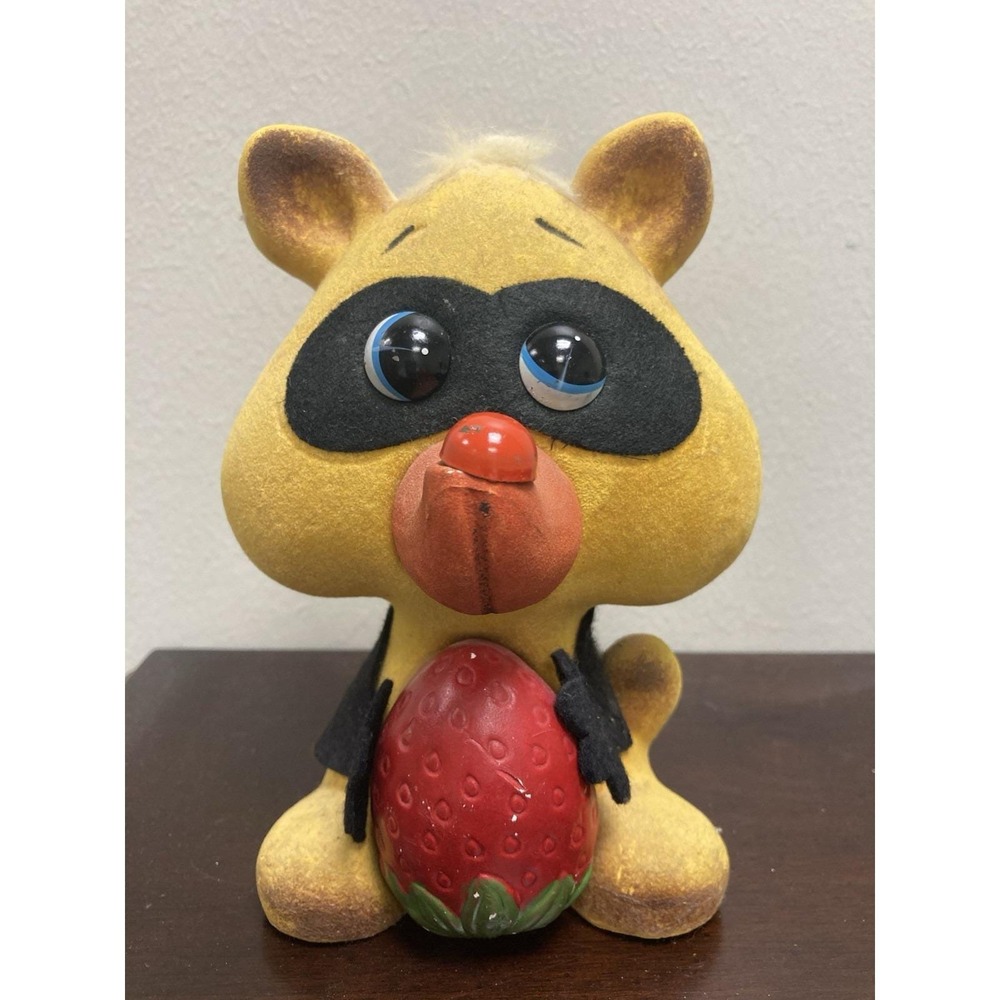 Vintage Flocked Coin Bank Japan Bear/Raccoon Holding Strawberry Fuzzy 1960's